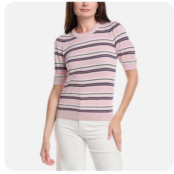 NWT T Tahari Elbow Puff Sleeve Sweater - Pink Stripe - women's size small - Picture 1 of 7